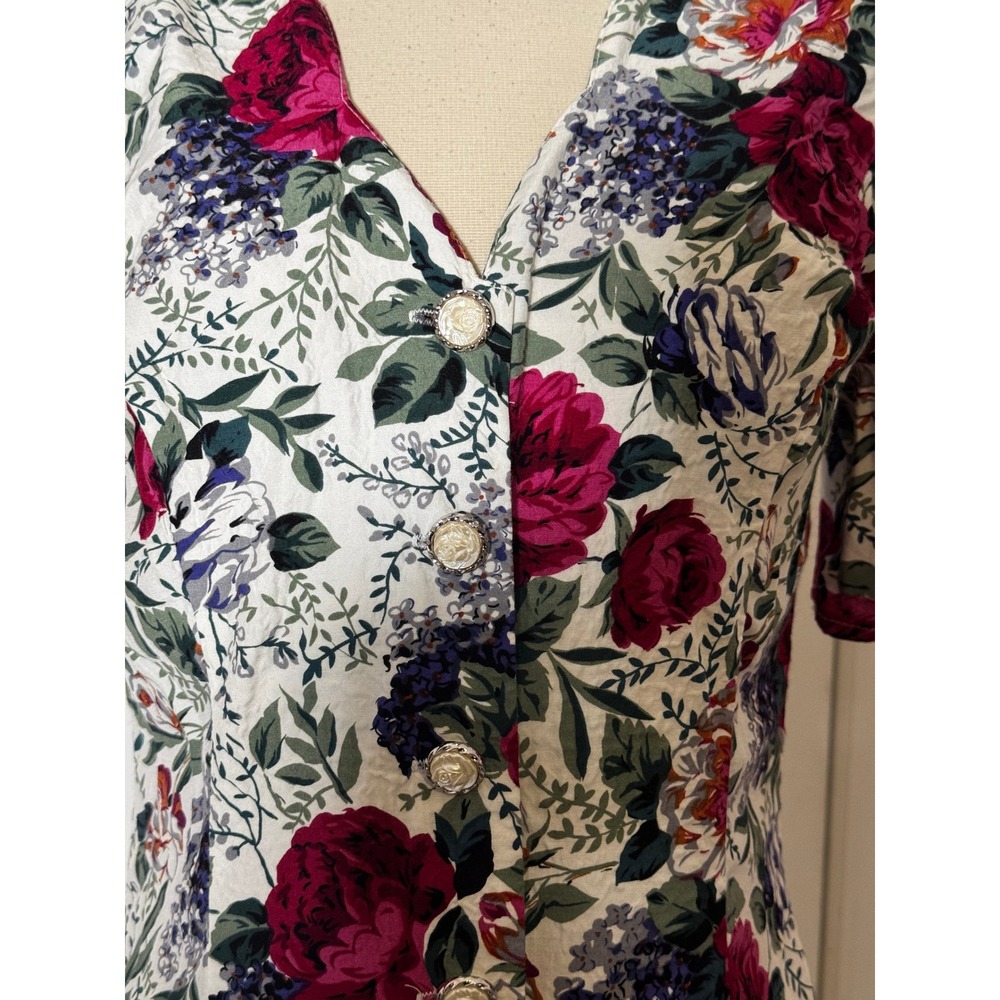 All that Jazz Floral Button Front Mini Dress Puff Sleeve White Red 80 SZ 7/8 - Picture 10 of 13